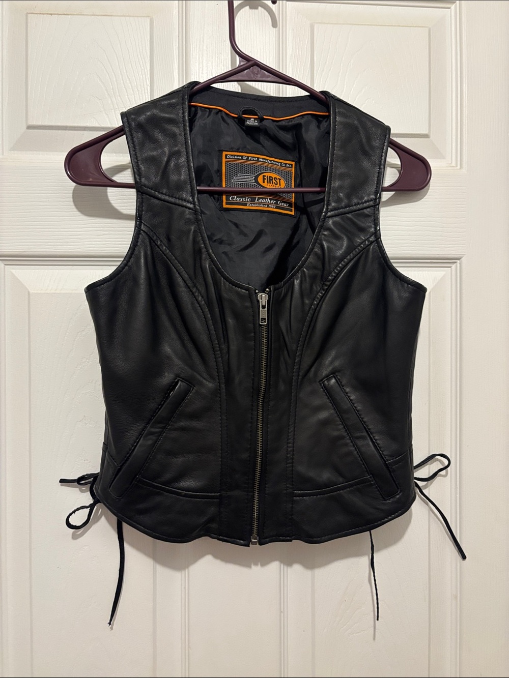 First classic leather zip up vest